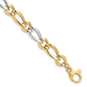 7.5mm 14K Two Tone Gold Hollow Polished Link Chain Bracelet, 7.25 Inch